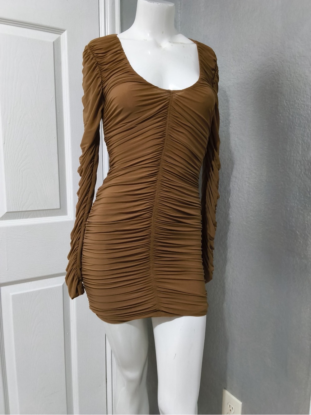 Ronny Kobo Collection Brown Ruched Long-Sleeve Mini Dress